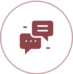 Chat bubble icons in dark circular frame.
