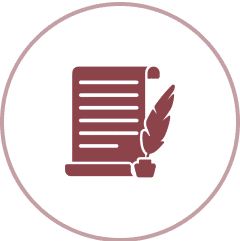 Feather pen and paper icon in circle.