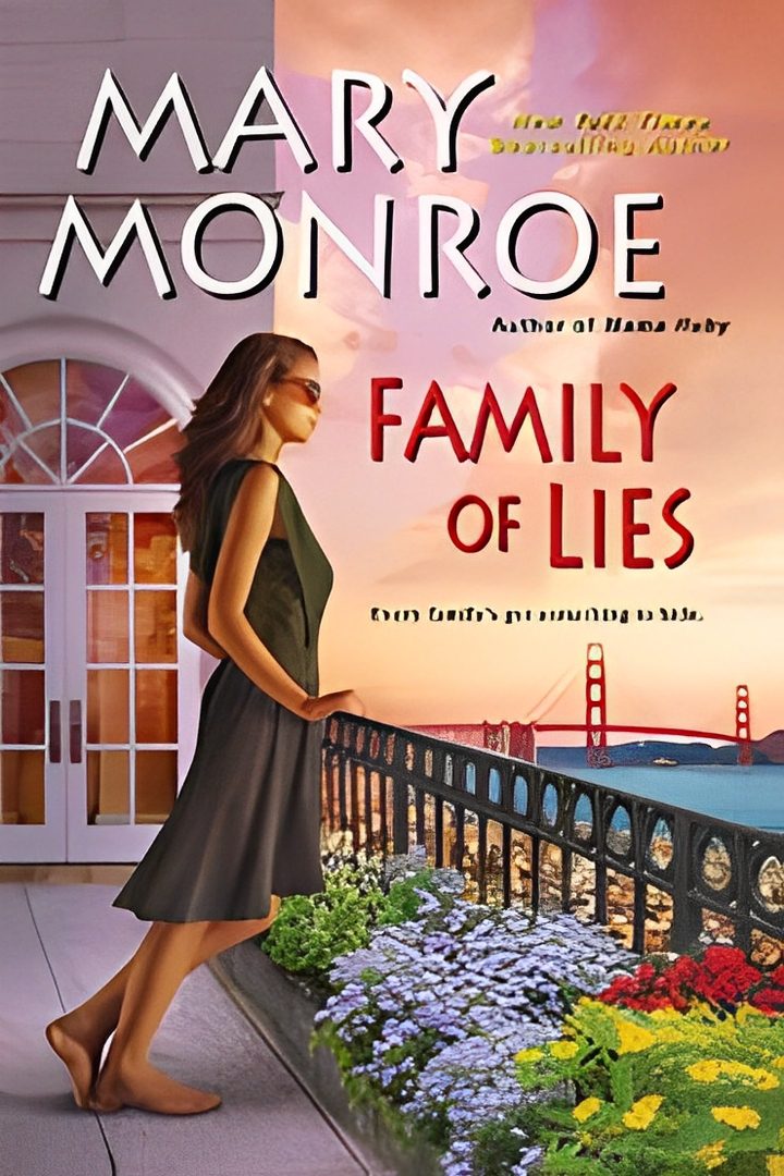 Book cover: Woman by balcony, "Family of Lies".